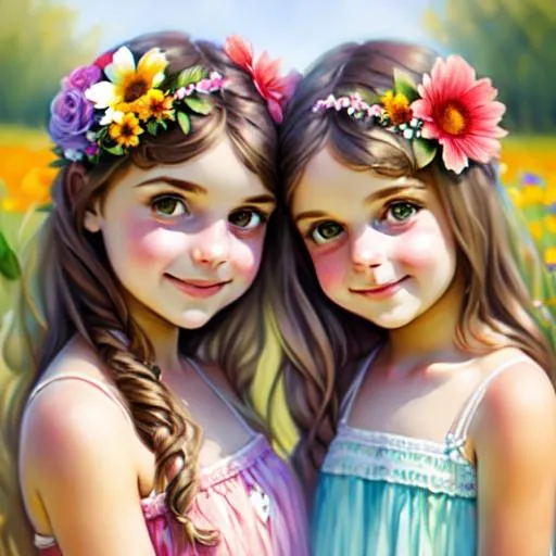 Prompt: two  cute girls, flowers in hair, surrounded by flowers
