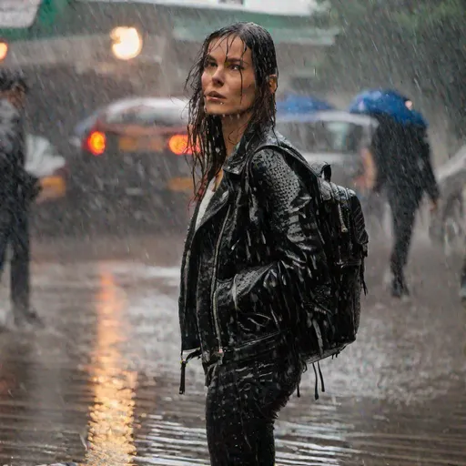 Prompt: Woman which is with leather jacket and pants black leather crocodile Backpack is in heavy rain with Very intensive showering