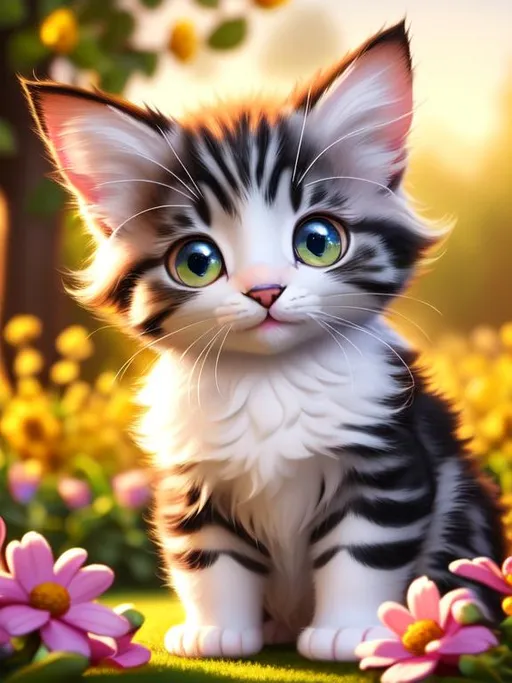 Prompt: Disney Pixar style kitten, highly detailed, fluffy, intricate, big eyes, adorable, beautiful, soft dramatic lighting, radiant, ultra high quality octane render, light shafts, sunset forest background, field of flowers, hypermaximalist