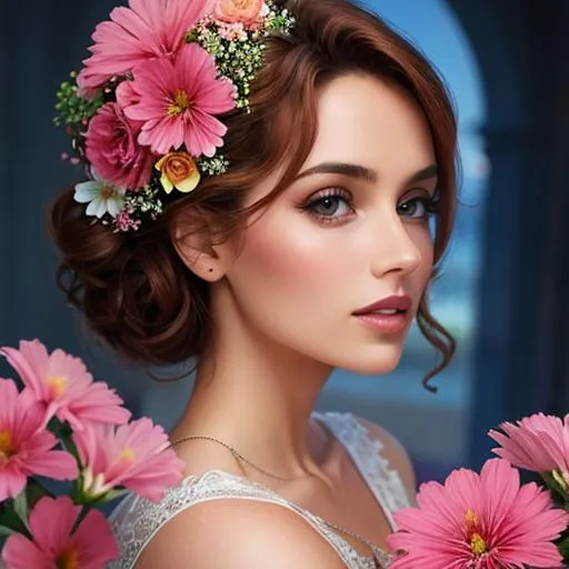 Prompt: a beautiful woman , lots of pretty pink flowers