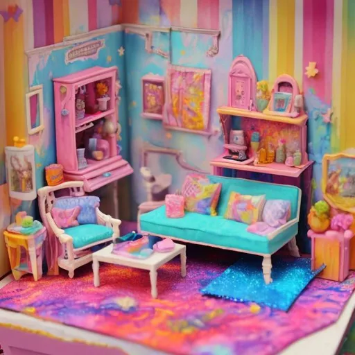 Prompt: Dollhouse diorama inspired by Lisa frank 