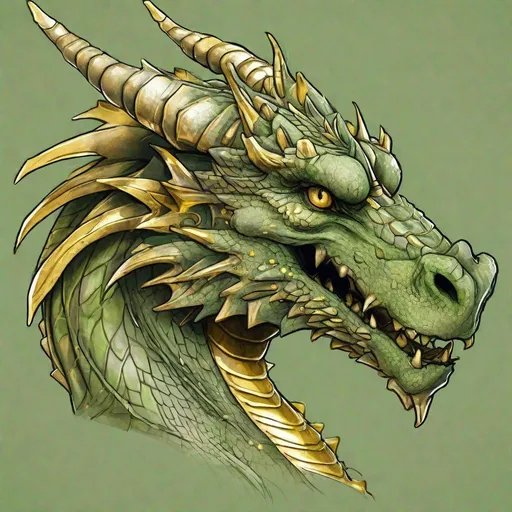 Prompt: Concept design of a dragon. Dragon head portrait. Side view. Coloring in the dragon is predominantly olive green with gold streaks and details present.