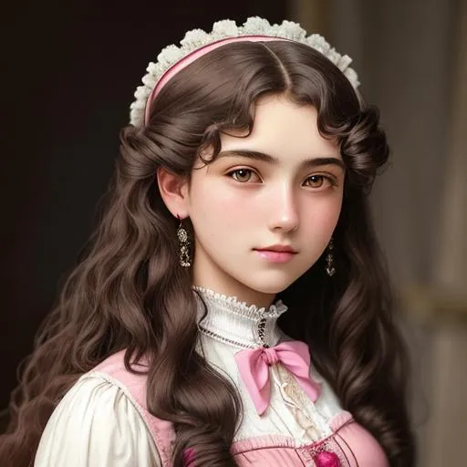 Prompt: An attractive 18 year old girl with very curly  long hair,  wearing pink, elegant, Victorian era, 19th century, facial closeup