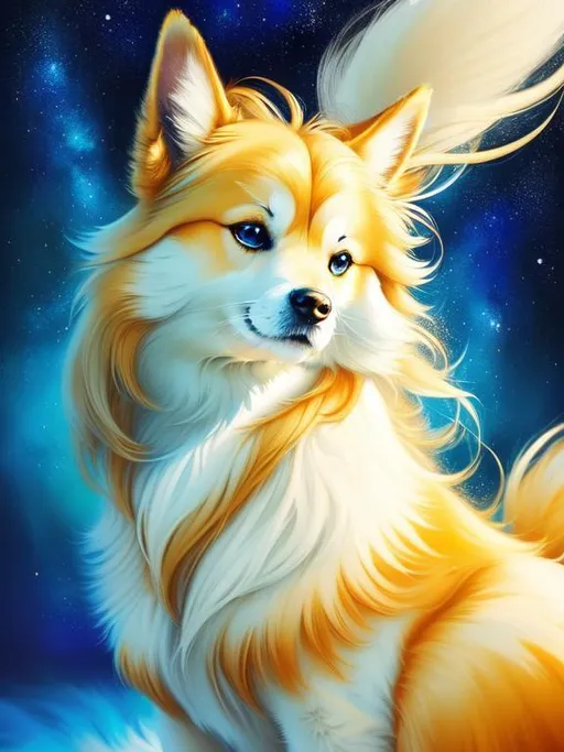 Prompt: replace hair with sky, (16k, 8k, 3D, ultra high definition, full body focus, very detailed, masterpiece, detailed painting, ultra detailed background, UHD character, UHD background) character design portrait of a beautiful medium-sized female {quadruped} with wind powers, golden-white fur and golden hairs, vivid crystal-blue eyes, long blue diamond ears with royal blue and magenta interior, (sapphire sparkling rain), cute fangs, majestic like a wolf, playful like a fox, energetic like a deer, calm and inviting smile, ears of blue point siamese cat,  fur speckled with sapphire crystals, fluffy mane, insanely detailed fur, insanely detailed eyes, insanely detailed face, standing in fantasy garden, atmosphere filled with (sparkling rain) and (flower petals), pink and cyan flowers, cherry blossoms, mountains, auroras, pink twilight sky, Sylveon