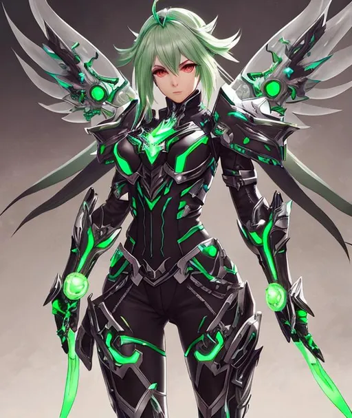 Prompt: , female, long silver and green glowing hair, wearing black gloves, green and silver scifi armor, V1 ULTRAKILL wings, Xenoblade 2 , conceptart 