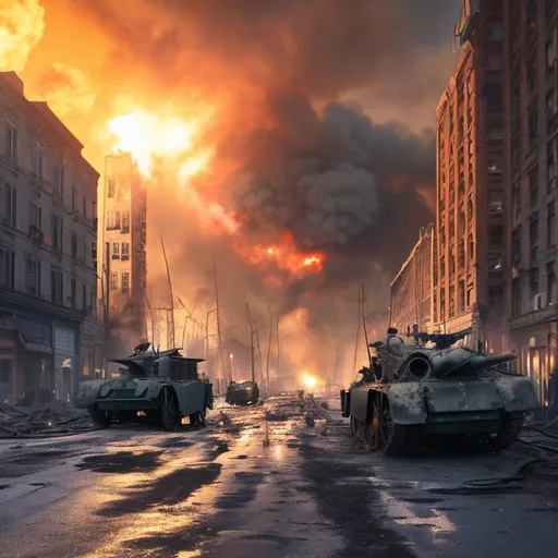 Prompt: Late tall 1900s buildings on fire millitary tanks firing war 1940s metal wrecked cars broken cracked road high resolution 4k daytime nice weather light blue sky 