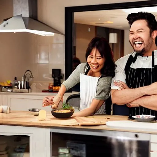 Prompt: a couple of a pretty lady and handsome man are watching tv show starring a chef casting hilarious cooking's skill shown in a tv, they both are laughing dramatically at the chef skill