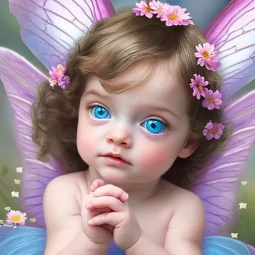 Prompt: baby flower fairy
with blue eyes and brunette hair