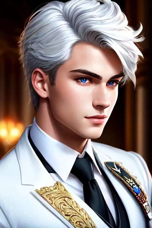 Prompt: Intricate detailed, highly detailed, sharp focus, hyper realistic, volumetric lighting, manly, strong, young, youth, handsome, boy, well-dressed, prince charming, white hair