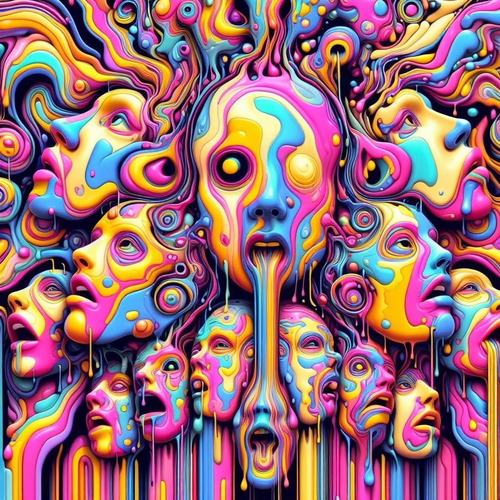 Prompt: galore of faces melting moving as liquid