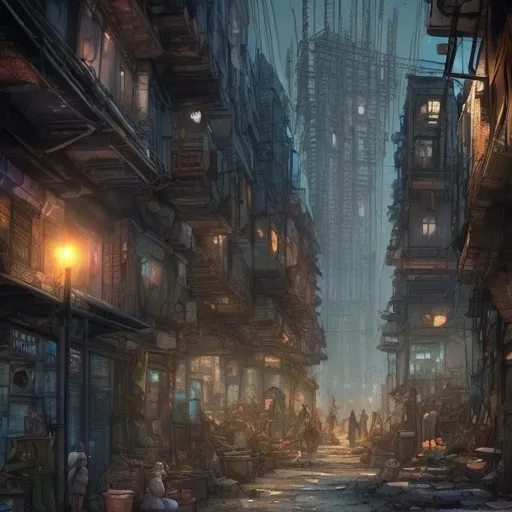 Prompt: A fantasy city slum that is multiple layers undergroun set in the night with dark streets; the sky is layered with floating towers