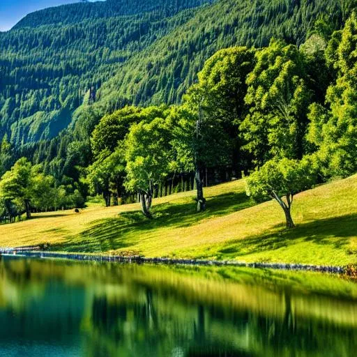 Prompt: Green grass, beautiful landscape, masterpiece, lovely colors, realistic, mountains, trees with green leaves, 4k ultra HD, peaceful lake, shiny sun.