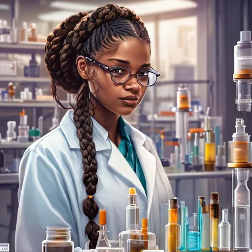 Prompt: Please produce a illustration of a beautiful black girl chemist working in her lab, with lab coat, brown skin color, with messy braids, fantasy colors, daytime, background, high quality, trending art, trending on art station, sharp focus, studio photo, intricate details, highly detailed, UHD, HDR, 8K, ((Masterpiece))