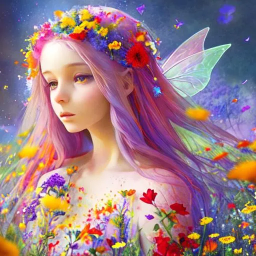 Prompt: fairy goddess of wildflowers ethereal,dreamscape, primary colors, closeup