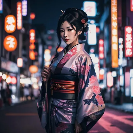 Prompt: woman in kimono standing on a city street at night, very beautiful cyberpunk samurai, classy yukata clothing, yukata clothing, geisha photo portrait, streaming on twitch, ayami koj ima, jet black haired cyberpunk girl, cyberpunk geisha, tokyo anime scene, sakimi chan, photo of breeze kaze, traditional geisha clothing, japanese city street fashion