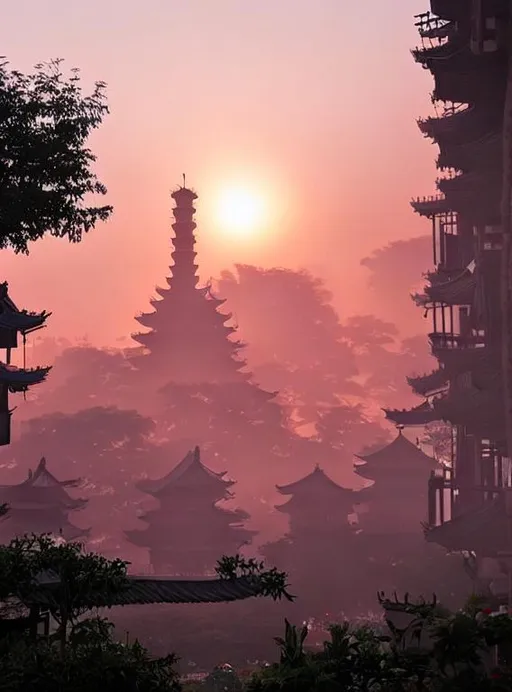 Prompt: misty asian fantasy town with tall buildings and gnarly old bonsai looking trees. plants. asian architecture. red chinese lanterns. marketplace in the sunset