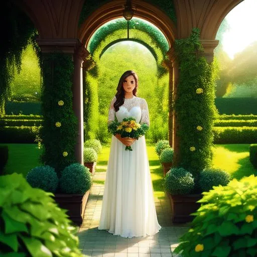 Prompt: A beautiful woman standing in a breathtaking garden, symmetrical face, freckles, top lighting, wide angle lens, beams and pillars, herbs, light rays, subsurface scattering, flowers, ivy plants, full body
