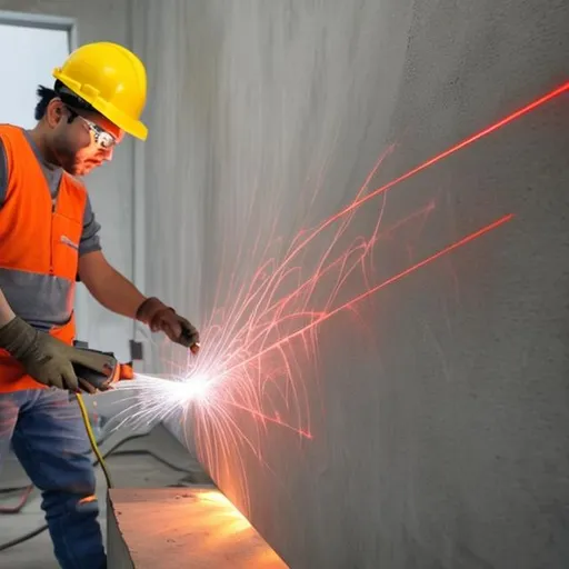 Prompt: Electrician is cutting concrete wall by laser