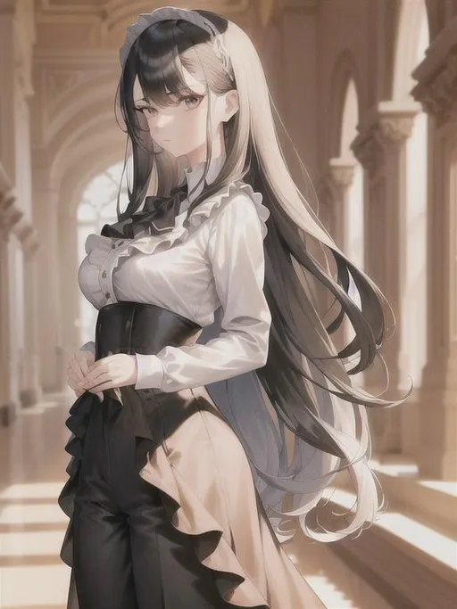 Prompt: (masterpiece, illustration, best quality:1.2), 1girl, solo, pale skin, (toned body, white blouse, black dress pants:1.3), long parted cascading hair, stray hairs, no bangs, reticent demeanor, pants, ruffles, foggy grey eyes, black hair, finely detailed, detailed face, toned face, beautiful detailed eyes, beautiful detailed shading, beautifully detailed background, throne room 