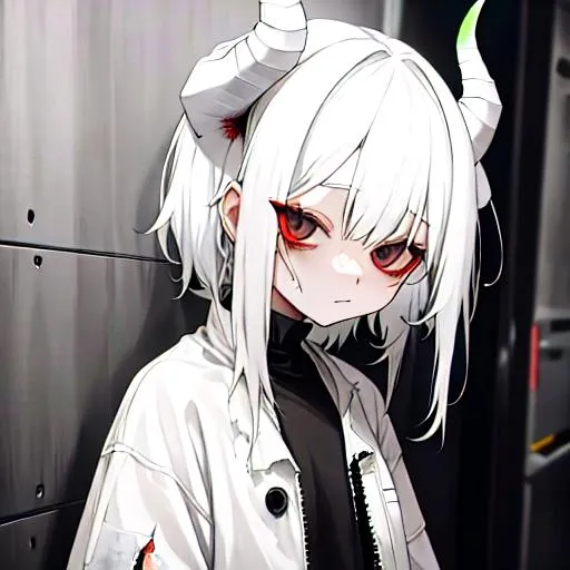 Prompt: Zaley 1female (white hair) {white demon horns} child, 10 years old, wearing torn clothes