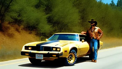 Prompt: A scene from the 1977 film "Smokey and the Bandit", with Burt Reynolds driving the iconic Black and Gold Pontiac Trans Am. 