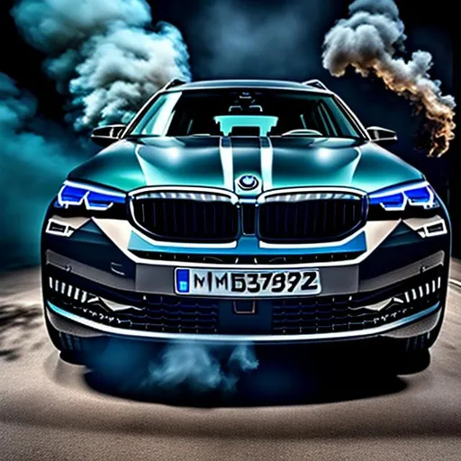 Prompt: BMW grill re-imagined by skoda, dark room, smoke around car, black car