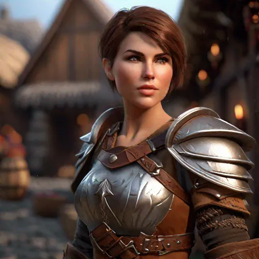 Prompt: D&d woman barbarian, village, low armor, short brown hair, highly detailed, professional, render, Sharp focus, HD, UHD, HDR, hyperrealistic 