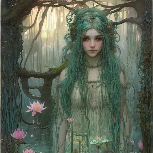 Prompt: Druid witch Girl with pretty detailed face and sea foam green hair in a swampy forest at sunset with peach water lilies and  hanging lanterns by John bauer high contrast John William Waterhouse high bloom concept art