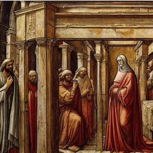 Prompt: an ancient woman from jerusalem looking at the ark of the covenant in the style of Masaccio