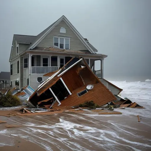 Prompt: an image of hurricane fran destroyng a beach house in north carolina. make the image foggy and include a wrecked car and a destroyed house. it should be raining and windy too
