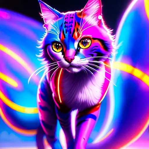 Prompt: a full body colorful stunning, cyber cat, photorealistic eyes,  dynamic, particulate, elegant, Hyperrealism, highly detailed,  airbrush, acrylic on paper, volumetric lighting, rugged texture, occlusion, smooth, sharp focus, 128K UHD octane render, w more detail, ultra realistic, insane detail, cinematic, Curvaceous Light bending, fuzzy, Extremely detailed high quality, breathtaking, Award winning, highly detailed, wide-angle lens, hyper realistic, Glowing, launge, edgelord.