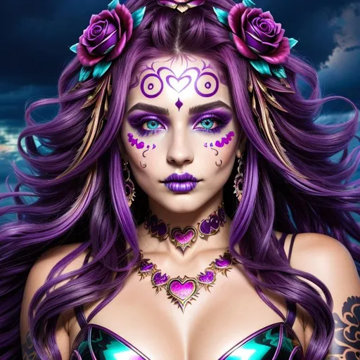 Prompt: Beautiful freeform dark chaos vivid bold, 3D, HD, [{one}({liquid metal {one}{Sugarskull}female, Beautiful big {heart-shaped}reflective eyes, long flowing hair, beautiful hands]::2, (clouds) with {purple gold pink green red silver blood}ink), ultra detailed full body artistic photography, detailed rugged Gorgeous detailed face, shadows, oil on canvas, brush strokes, ultra sharp focus, ominous, matte painting movie poster, golden ratio, epic, intricate, cinematic character render, hyper realistic, 64K --s98500