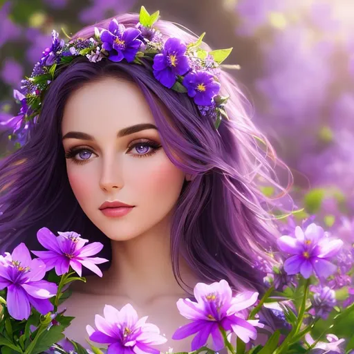 Prompt:  a fairy goddess,  purple flowers, ethereal beauty, soft light,surrounded by wildflowers, closeup