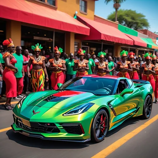 Prompt: Red 2024 corvette, Black corvette, and Green Corvette all driving by African. In an African parade setting