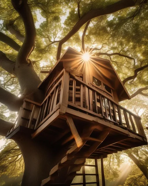Prompt: An elevated perspective looking down at a hand-built wood treehouse nestled high in leafy oak branches, sunbeams streaming through the trees. Use forced perspective and wide angle lens to exaggerate the height. Shoot at sunrise for a nostalgic, magical playfulness. Style inspired by Maurice Pledge.