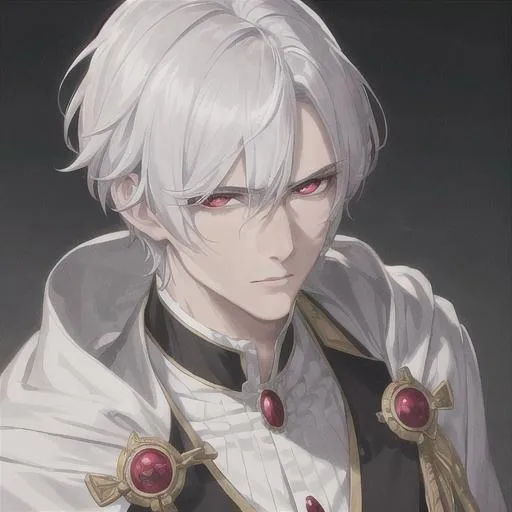 Prompt: "A close-up photo of a handsome prince with short hair, white hair, glowing red eyes, wearing a kings robe, in hyperrealistic detail, with a slight hint of disgust in his eyes. His face is the center of attention, with a sense of allure and mystery that draws the viewer in, but his eyes are also slightly downcast, as if a sense of disgust is lingering in his thoughts. The detailing of his face is stunning, with every pore, freckle, and line rendered in vivid detail, but the image also captures the subtle emotions of disgust that might lie beneath his surface."