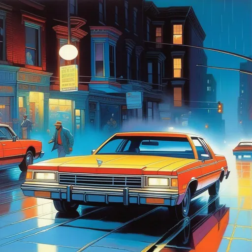 Prompt: 1980s, Brooklyn at night, neon, car chase, rain, fog, cold blue atmosphere, cartoony style, extremely detailed painting by Greg Rutkowski and by Henry Justice Ford and by Steve Henderson