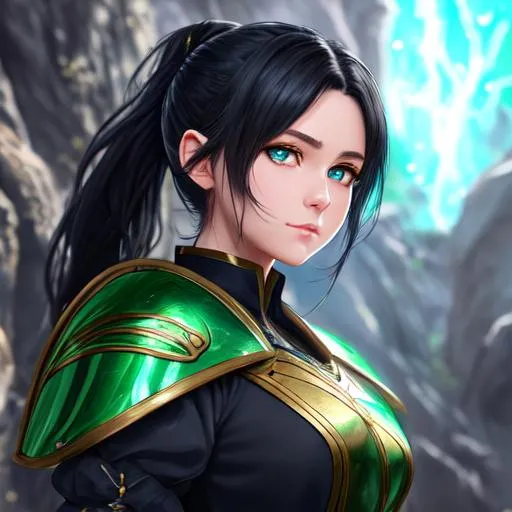 Prompt: "Full body, oil painting, fantasy, anime portrait of a young hobbit woman with short flowing ash black hair in a ponytail and dark blue eyes | Elemental stars cleric wearing intricate green leather armor casting a healing spell, #3238, UHD, hd , 8k eyes, detailed face, big anime dreamy eyes, 8k eyes, intricate details, insanely detailed, masterpiece, cinematic lighting, 8k, complementary colors, golden ratio, octane render, volumetric lighting, unreal 5, artwork, concept art, cover, top model, light on hair colorful glamourous hyperdetailed medieval city background, intricate hyperdetailed breathtaking colorful glamorous scenic view landscape, ultra-fine details, hyper-focused, deep colors, dramatic lighting, ambient lighting god rays, flowers, garden | by sakimi chan, artgerm, wlop, pixiv, tumblr, instagram, deviantart