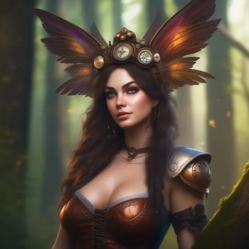 Prompt: Epic. Cinematic. 4k.  8k.  Wide angle shot. Full body shot. Hyper realistic painting. Concept art. matte painting. Detailed Illustration. photo realistic. A beautiful, buxom woman with broad hips. extremely colorful, bright eyes,  standing in a forest by a sleepy town. Shes a Steam Punk, colorful, gothic style witch.  A distinct Winged fairy, with a skimpy, very sheer, gossamer, flowing outfit.  A picturesque Halloween night.  Octane render. Trending on artstation.