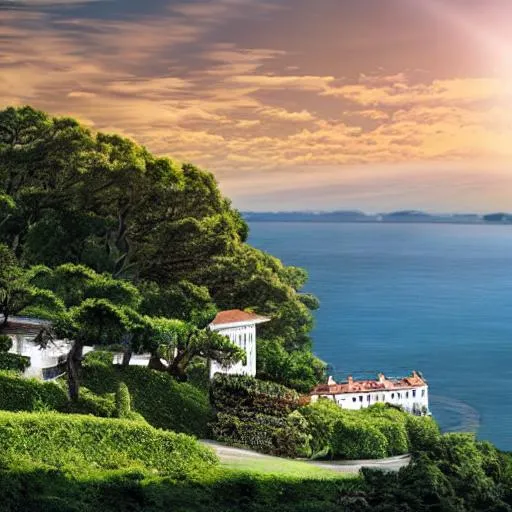 Prompt: A bay. Lots of trees. A Mansion on a hill. The sun shines. Basque atmosphere. Photorealistic. 