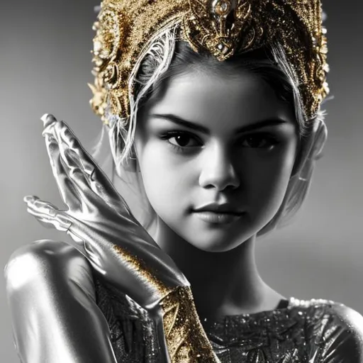 Prompt: monochrome, selena gomez, pale, bald, detailed face, beautiful, skinny, anorexic, thin face, queen, gold fur crown, white gown, white gloves, scifi