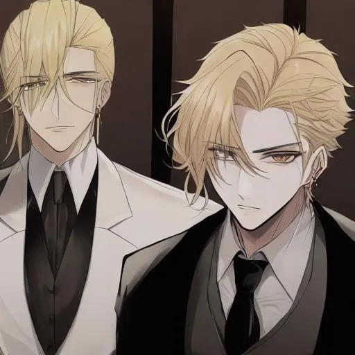 Prompt: two mafia gangster guys one with blonde hair and one with black hair shoulder on shoulder