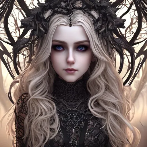 Prompt: cinematic full body view of gorgeous blonde lady(beautiful eyes, detailed face, smiling, seeing straight at camera) wearing black mesh clothes with laces, soft light on face, wearing a intricately designed crown, in forest, hair with swirls, eye contact, realistic, contrast