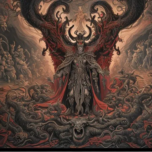 Prompt: A wall mural depicts a man in a crown and cape from behind, with many demons bowing
before him: the Bloated Goat, The Empress of All Widows, The Primordial Demogorgon, the Ringwolf.