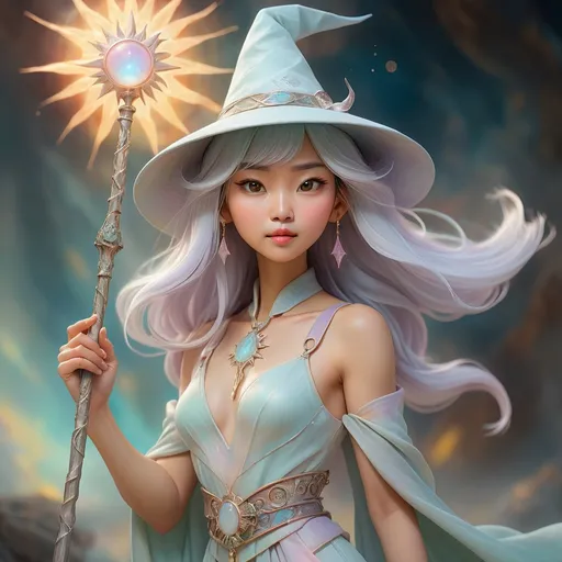 Prompt: Dreamy pastel full body portrait of a Taiwanese woman wizard, barite wizard hat with sun on hat, holding an intricate metal wand, small bare chest, inviting facial expression, inviting body pose, beginning of the universe background, ethereal atmosphere, soft focus, high quality, pastel art, ethereal, mystical, dreamy full body portrait, soft pastel colors, little attire, magical, enchanting, detailed barite hat with sun on hat, intricate metal wand, soft lighting, ethereal atmosphere