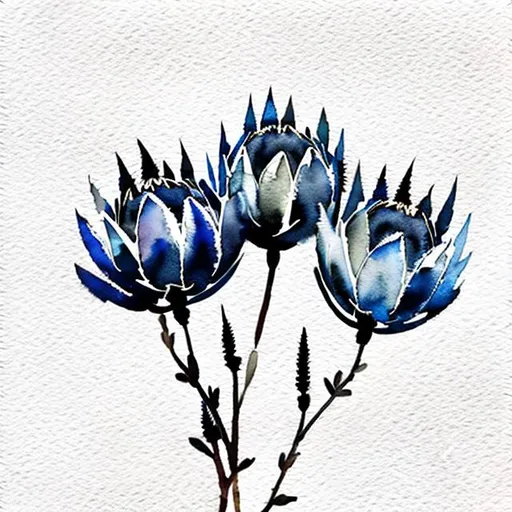 Prompt: A minimalist watercolor painting of black & blue proteas floating on an empty white background. Only the outlines and most basic details of the flowers are visible through faint, delicate brush strokes. The word Pretoria is blended into the image with the same color as the flowers.