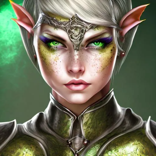 Female elf cleric, green eyes, freckles, with short... | OpenArt