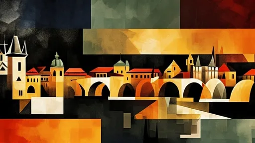 Prompt: (cubism style), vibrant and abstract representation, viewing the Charles Bridge, illuminated by moonlight, twilight ambiance, deep blues and blacks, shimmering water reflections, intricate geometric shapes, iconic Prague skyline in darkness, mysterious atmosphere, dramatic shadows, ultra-detailed, high quality 4K image, capturing the essence of the city at night.