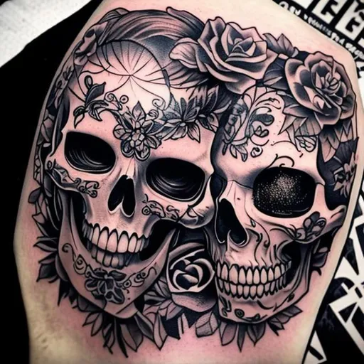 Prompt: Tattoo art skull and girl face