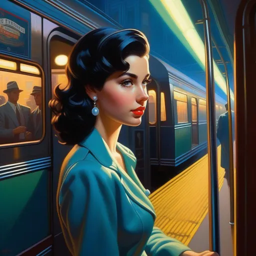 Prompt: Third person, gameplay, Italian-American girl, pale olive skin, black hair, brown eyes, 1940s, NYC subway, neon, fog, blue atmosphere, cartoony style, extremely detailed painting by Greg Rutkowski and by Henry Justice Ford and by Steve Henderson 

